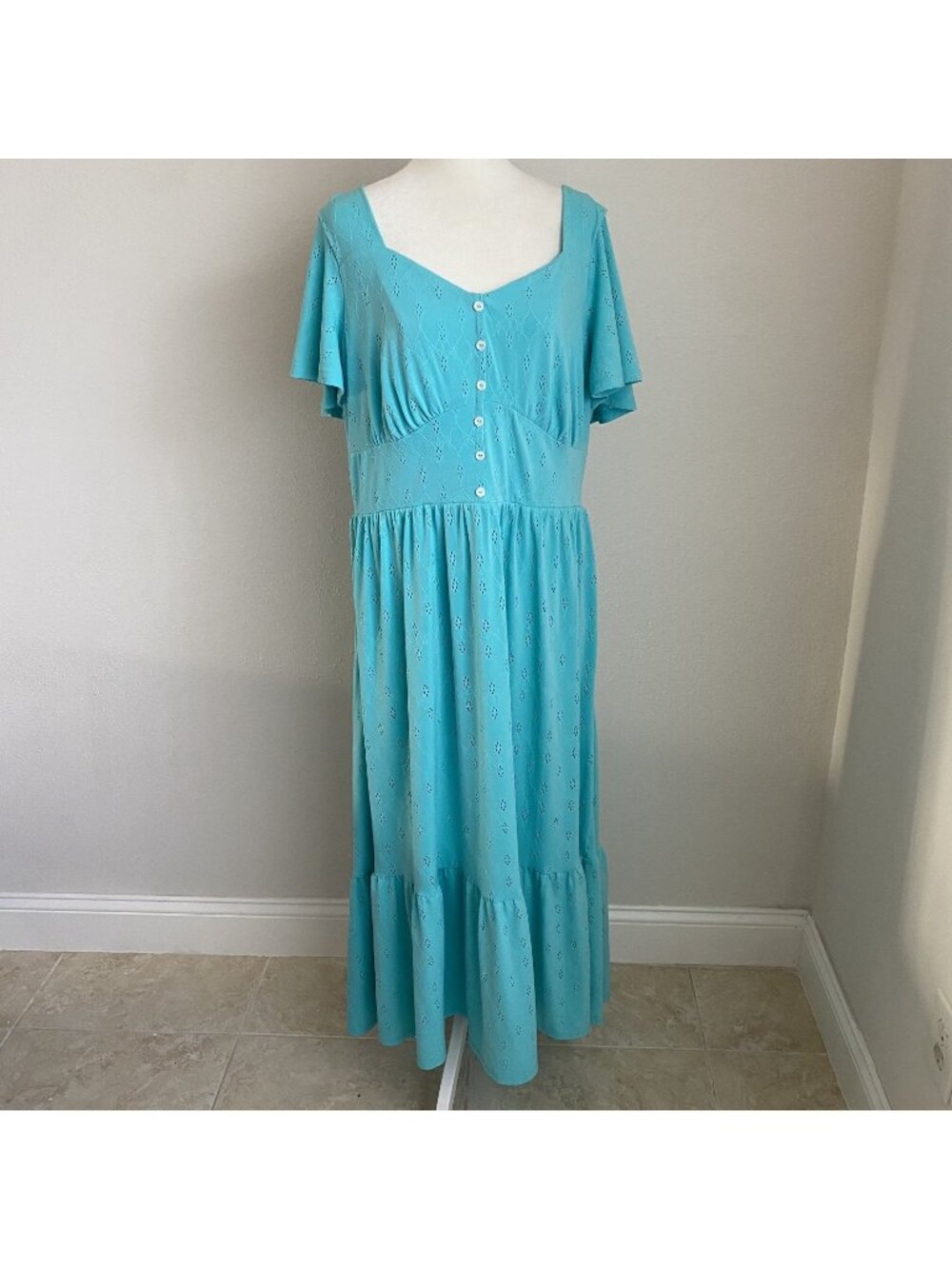 Lane Bryant Womens 18/20 Eyelet Long Maxi Dress Aqua Teal Floral Ruffle